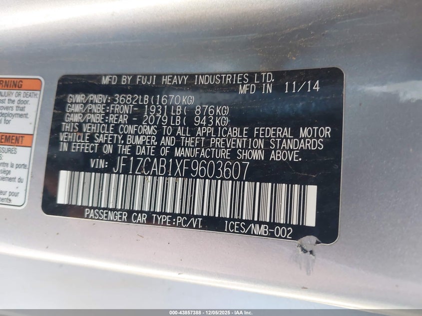2015 Subaru Brz VIN JF1ZCAB1XF9603607 IAAI salvage auction — FRONT END, Junk (Oklahoma), sold $2,300 on 2026-07-07 (photo 9)
