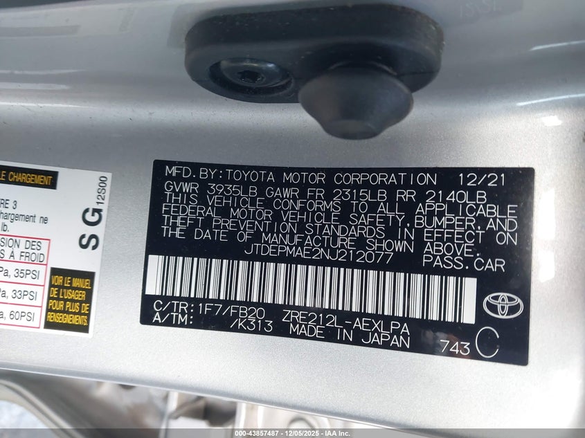 2022 Toyota Corolla VIN JTDEPMAE2NJ212077 IAAI salvage auction — FRONT END, Salvage (New Jersey), sold $4,500 on 2026-07-06 (photo 9)