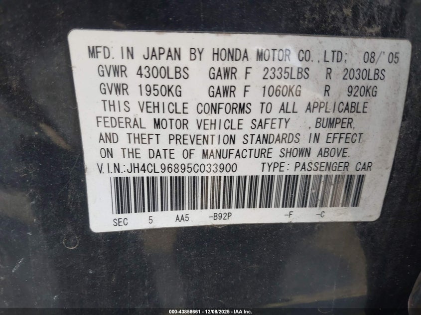 2005 Acura Tsx VIN JH4CL96895C033900 IAAI salvage auction — SIDE, Salvage (Ohio), sold $450 on 2026-07-08 (photo 9)