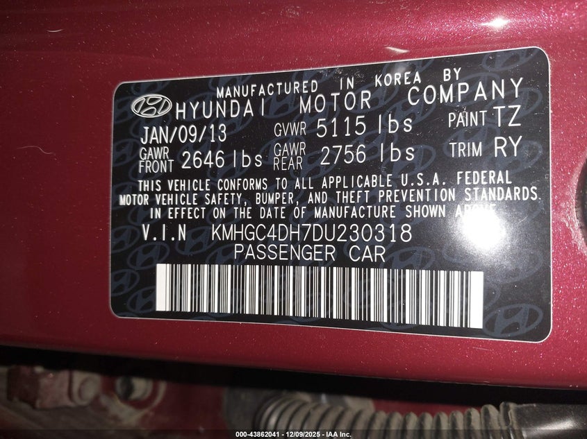 2013 Hyundai Genesis VIN KMHGC4DH7DU230318 IAAI salvage auction — FRONT END, Rebuildable (Florida), sold $325 on 2026-07-14 (photo 9)