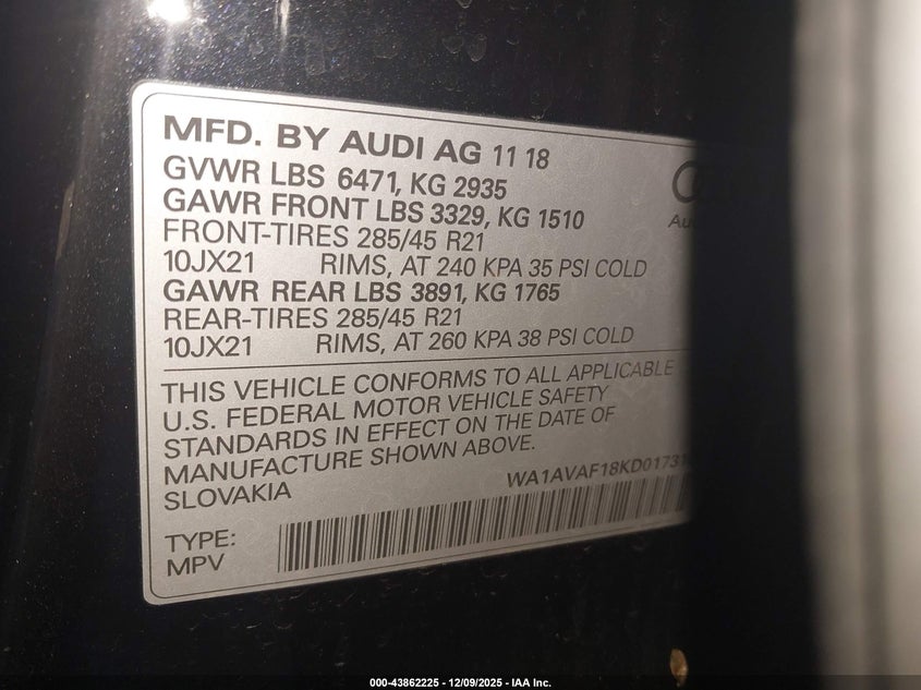 2019 Audi Q8 VIN WA1AVAF18KD017310 IAAI salvage auction — FRONT END, Salvage (Georgia), sold $13,100 on 2026-07-24 (photo 9)