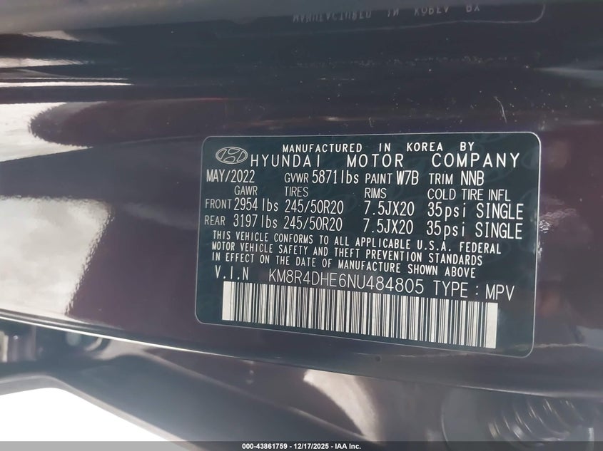 2022 Hyundai Palisade VIN KM8R4DHE6NU484805 IAAI salvage auction — FRONT END, Clear (Virginia), sold $4,900 on 2026-07-10 (photo 9)