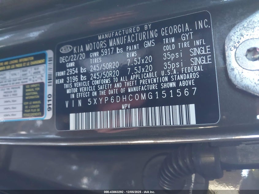2021 Kia Telluride VIN 5XYP6DHC0MG151567 IAAI salvage auction — FRONT & REAR, Salvage (Massachusetts), sold $25 on 2026-07-24 (photo 9)