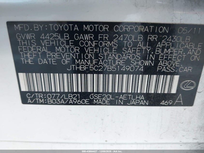 2011 Lexus Is VIN JTHBF5C27B5149074 IAAI salvage auction — RIGHT SIDE, Salvage (California), sold $600 on 2026-07-08 (photo 9)