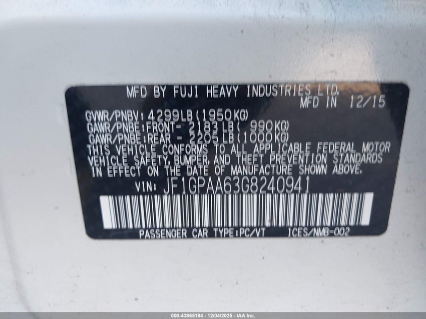 2016 Subaru Impreza VIN JF1GPAA63G8240941 IAAI salvage auction — FRONT END, Clear (Hawaii), sold $25 on 2026-07-21 (photo 9)