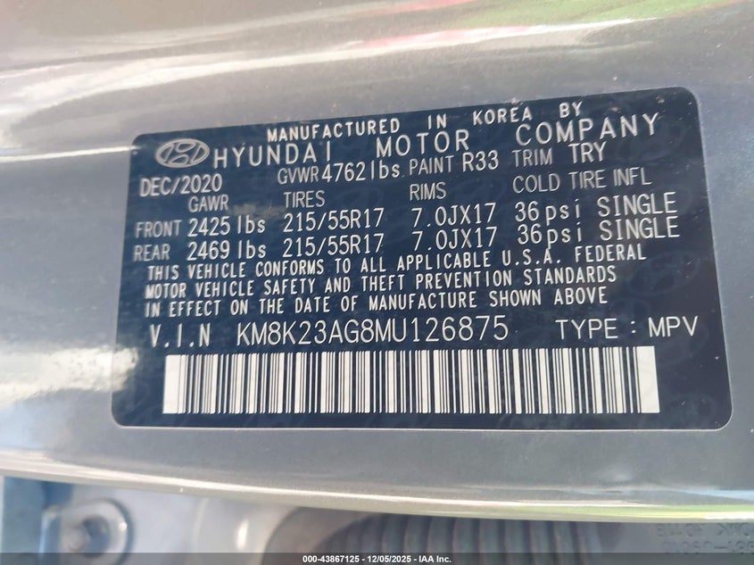 2021 Hyundai Kona VIN KM8K23AG8MU126875 IAAI salvage auction — FRONT END, Salvage Title, sold $1,300 on 2026-07-09 (photo 9)