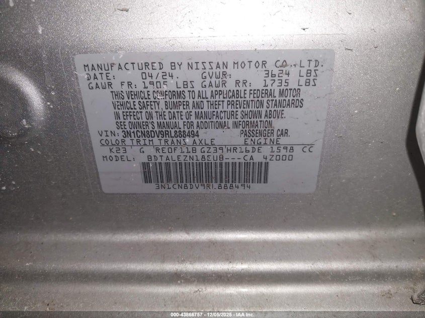 2024 Nissan Versa VIN 3N1CN8DV9RL888494 IAAI salvage auction — FRONT END, Salvage Title, sold $1,200 on 2026-07-21 (photo 9)