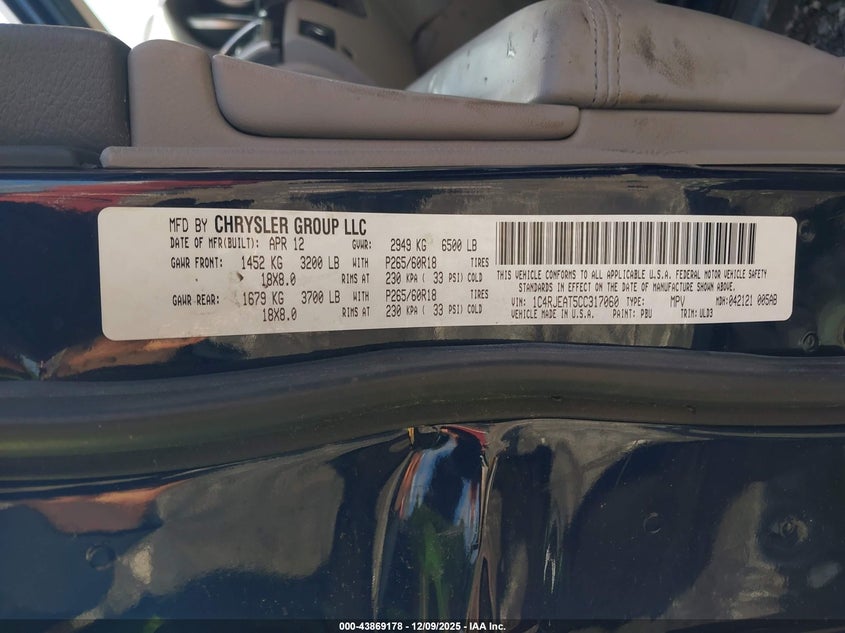 2012 Jeep Grand cherokee VIN 1C4RJEAT5CC317060 IAAI salvage auction — LEFT FRONT, Wait Title, sold $525 on 2026-08-21 (photo 9)