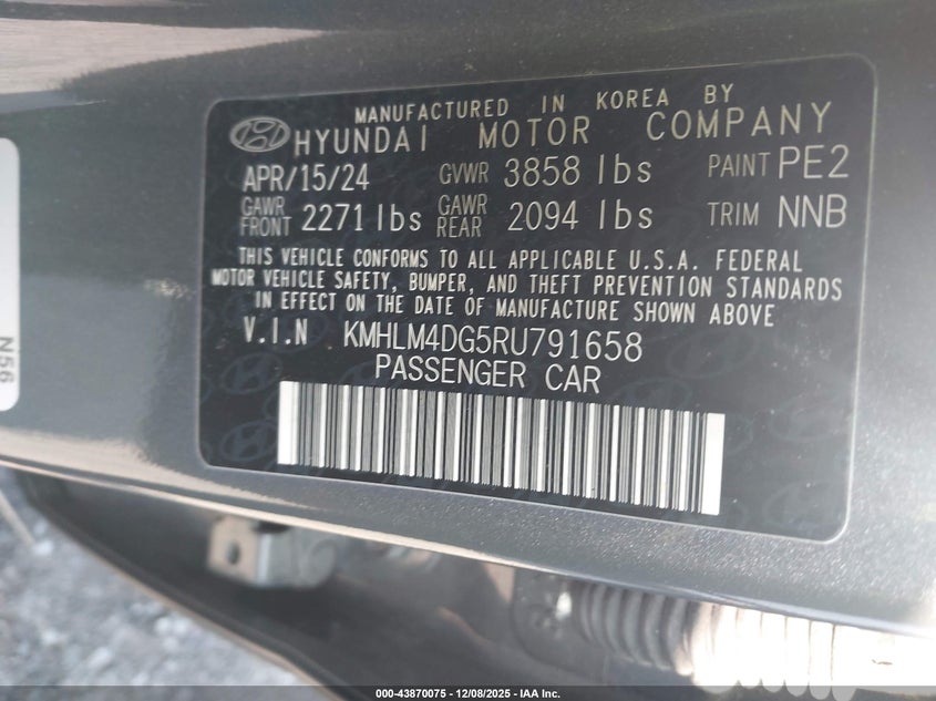 2024 Hyundai Elantra VIN KMHLM4DG5RU791658 IAAI salvage auction — FRONT & REAR, Salvage (Louisiana), sold $5,800 on 2026-07-28 (photo 9)