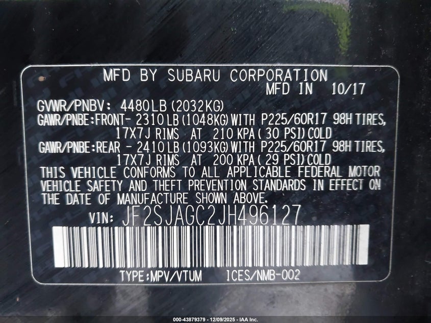 2018 Subaru Forester VIN JF2SJAGC2JH496127 IAAI salvage auction — FRONT & REAR, Clear (Indiana), sold $600 on 2026-07-07 (photo 9)