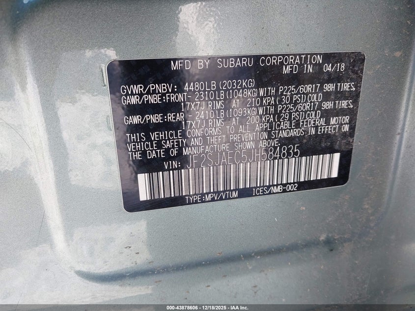 2018 Subaru Forester VIN JF2SJAEC5JH584835 IAAI salvage auction — RIGHT FRONT, Salvage Title, sold $25 on 2026-07-10 (photo 9)