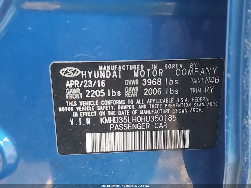2017 Hyundai Elantra VIN KMHD35LH0HU350185 IAAI salvage auction — LEFT FRONT, Salvage (Indiana), sold $650 on 2026-07-15 (photo 9)