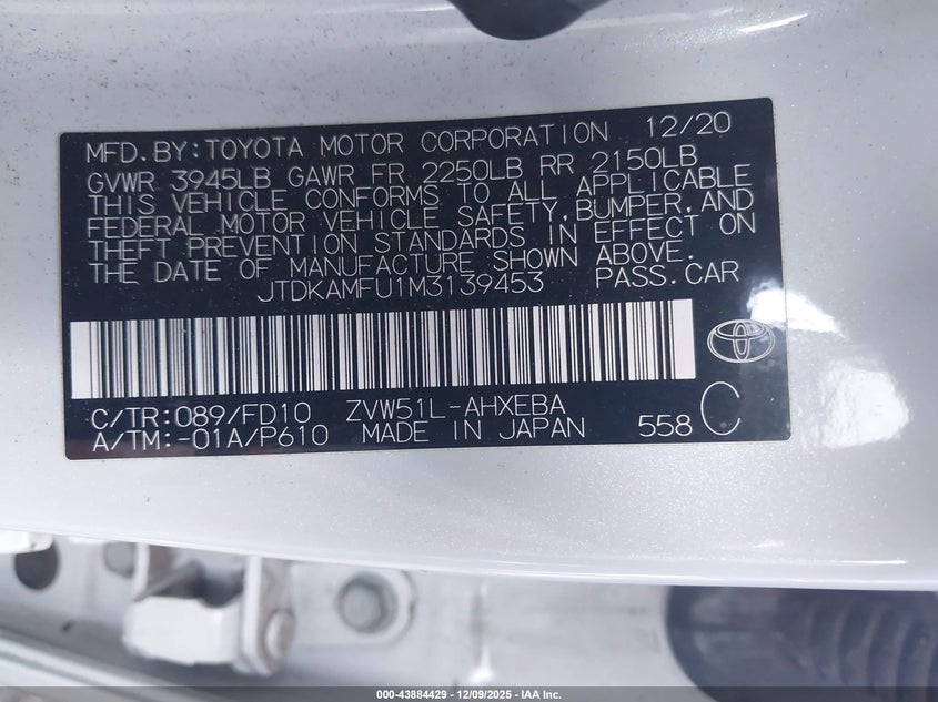 2021 Toyota Prius VIN JTDKAMFU1M3139453 IAAI salvage auction — RIGHT SIDE, Clear (Hawaii), sold $6,650 on 2026-07-14 (photo 9)