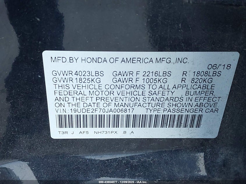 2018 Acura Ilx VIN 19UDE2F70JA006817 IAAI salvage auction — FRONT END, Salvage (Indiana), sold $1,600 on 2026-07-10 (photo 9)
