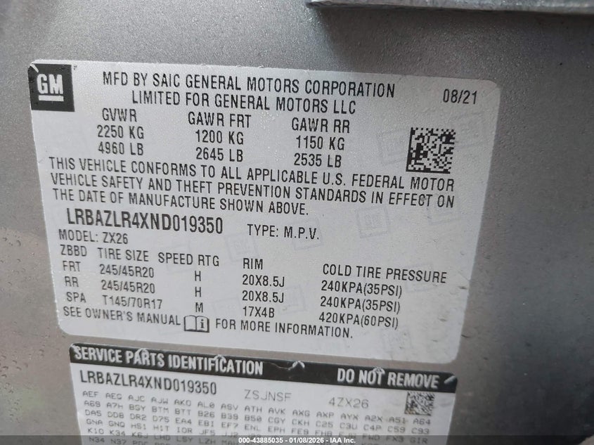 2022 Buick Envision VIN LRBAZLR4XND019350 IAAI salvage auction — FRONT END, Clear (Alabama), sold $4,500 on 2026-08-26 (photo 9)