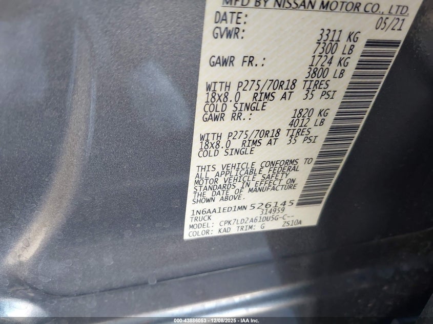 2021 Nissan TITAN VIN 1N6AA1ED1MN526145 IAAI salvage auction — Front End, Salvage (Nevada), sold $13,700 on 2026-02-13 (photo 9)