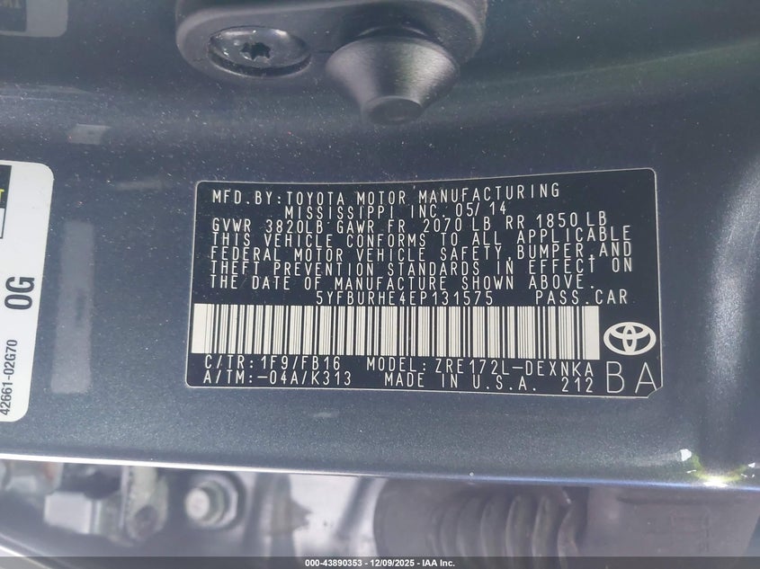 2014 Toyota Corolla VIN 5YFBURHE4EP131575 IAAI salvage auction — REAR END, Other, sold $4,450 on 2026-08-01 (photo 9)