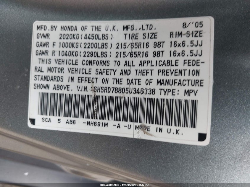 2005 Honda Cr-v VIN SHSRD78805U346338 IAAI salvage auction — FRONT END, Salvage - Greater Than 75% (Maryland), sold $550 on 2026-07-14 (photo 9)