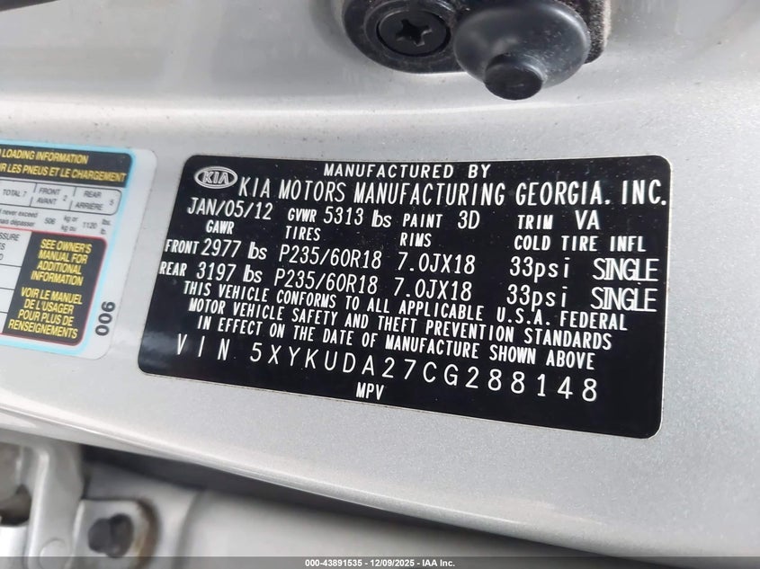2012 Kia Sorento VIN 5XYKUDA27CG288148 IAAI salvage auction — FRONT END, Other, sold $700 on 2026-07-10 (photo 9)