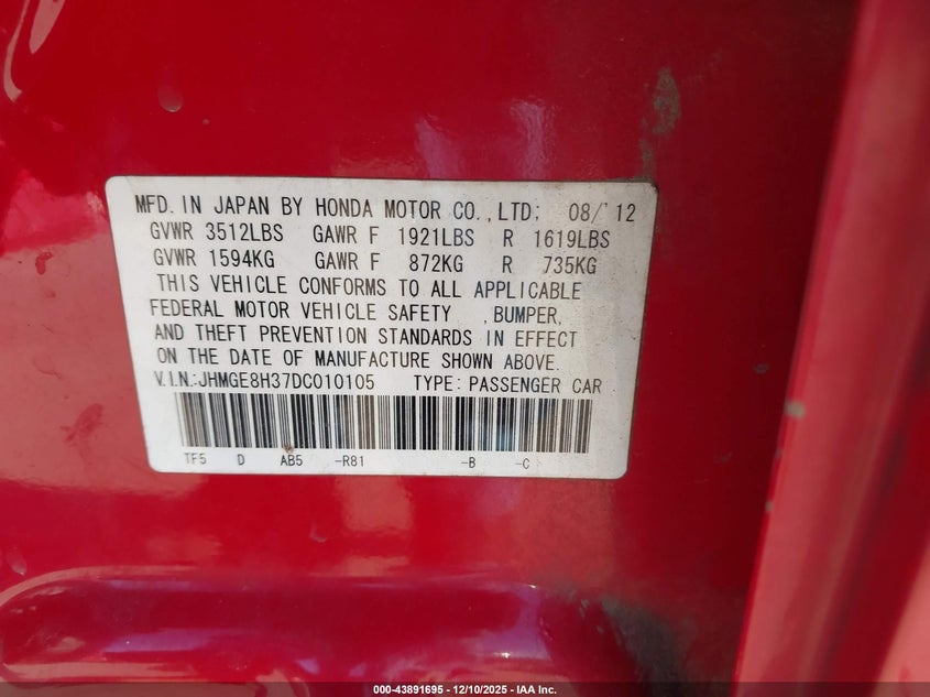 2013 Honda Fit VIN JHMGE8H37DC010105 IAAI salvage auction — FRONT END, Salvage Title, sold $450 on 2026-07-20 (photo 9)