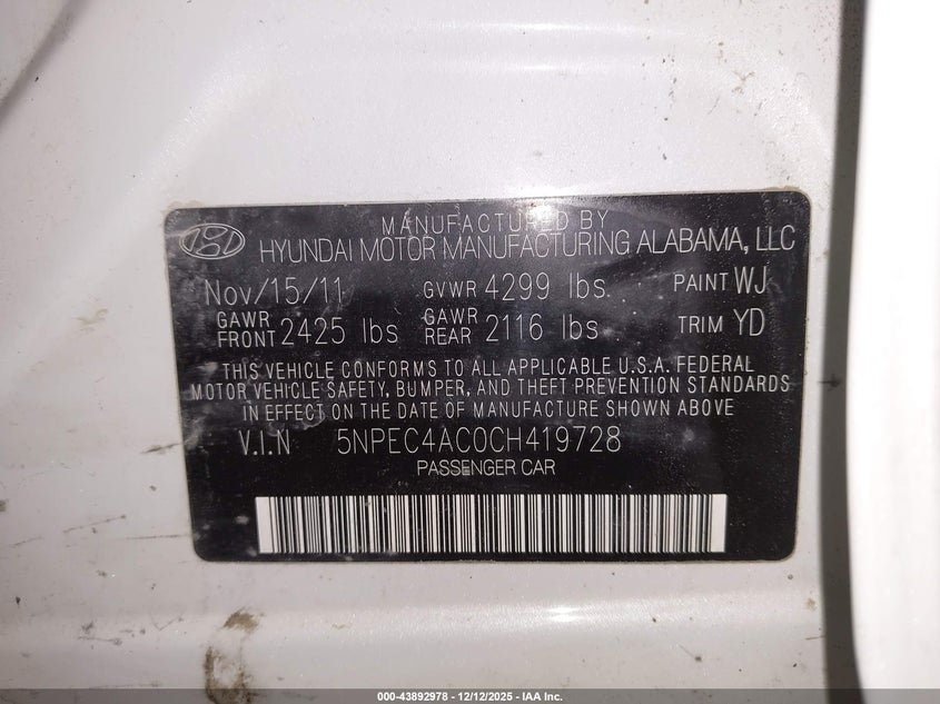 2012 Hyundai Sonata VIN 5NPEC4AC0CH419728 IAAI salvage auction — FRONT & REAR, Salvage Title, sold $350 on 2026-07-09 (photo 9)