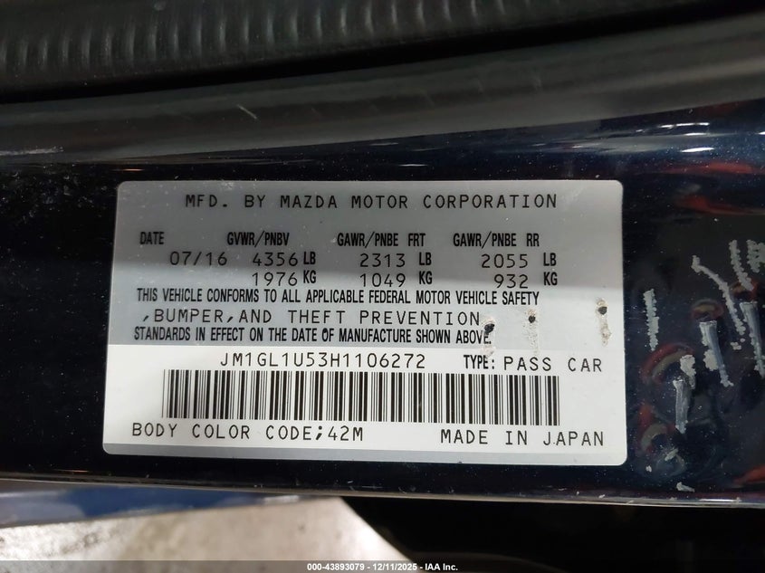 2017 Mazda 6 VIN JM1GL1U53H1106272 IAAI salvage auction — RIGHT SIDE, In Pending Provider Review (North Dakota), sold $1,200 on 2026-07-10 (photo 9)