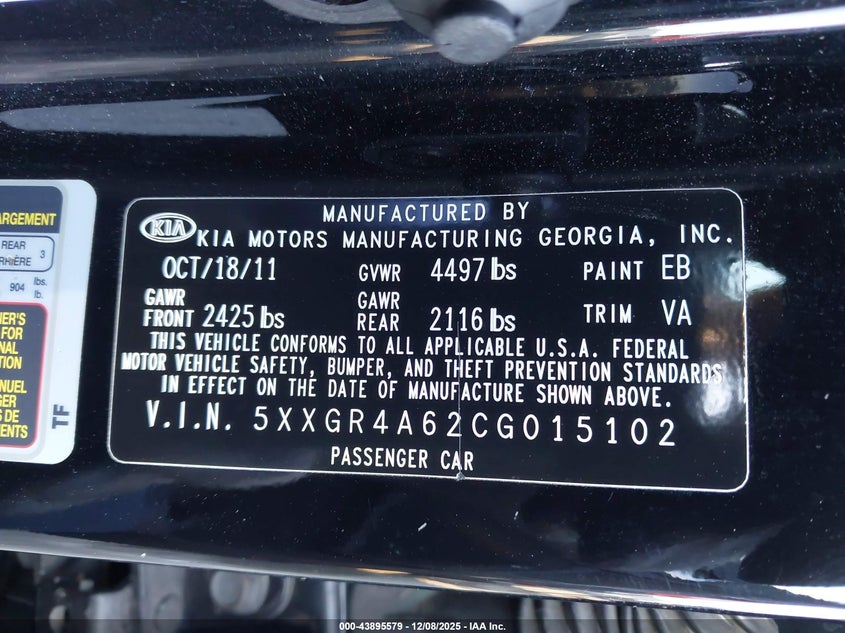 2012 Kia Optima VIN 5XXGR4A62CG015102 IAAI salvage auction — FRONT END, Salvage (California), sold $25 on 2026-07-29 (photo 9)