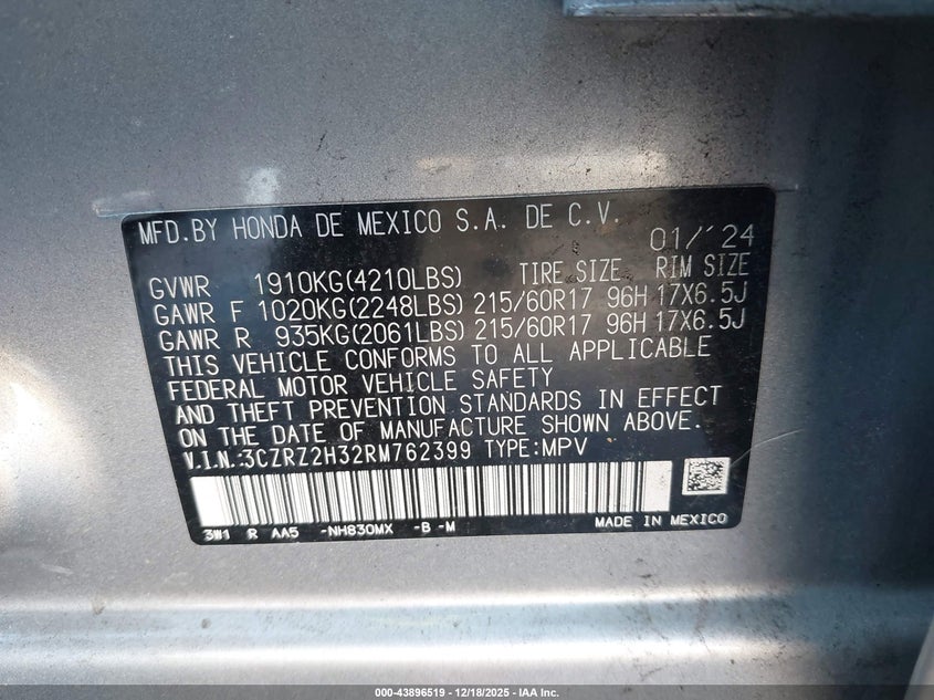 2024 Honda Hr-v VIN 3CZRZ2H32RM762399 IAAI salvage auction — FRONT END, Other, sold $8,450 on 2026-07-28 (photo 9)