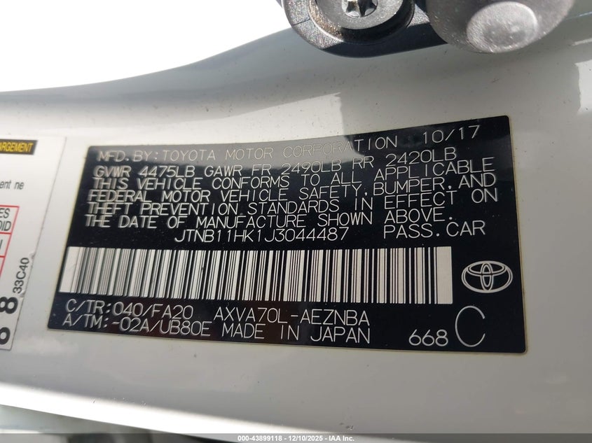2018 Toyota Camry VIN JTNB11HK1J3044487 IAAI salvage auction — FRONT END, Salvage (California), sold $4,750 on 2026-07-27 (photo 9)