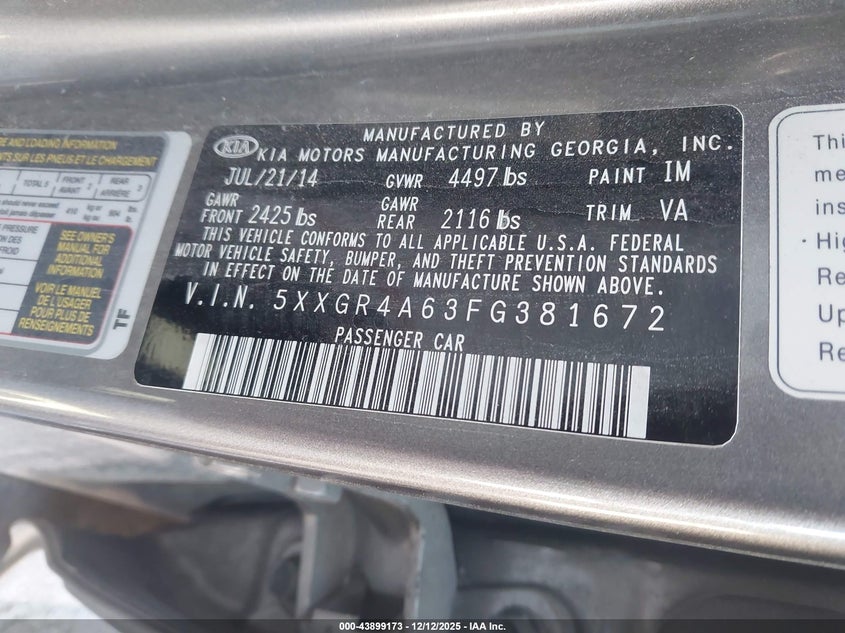 2015 Kia Optima VIN 5XXGR4A63FG381672 IAAI salvage auction — FRONT END, Other, sold $350 on 2026-07-08 (photo 9)