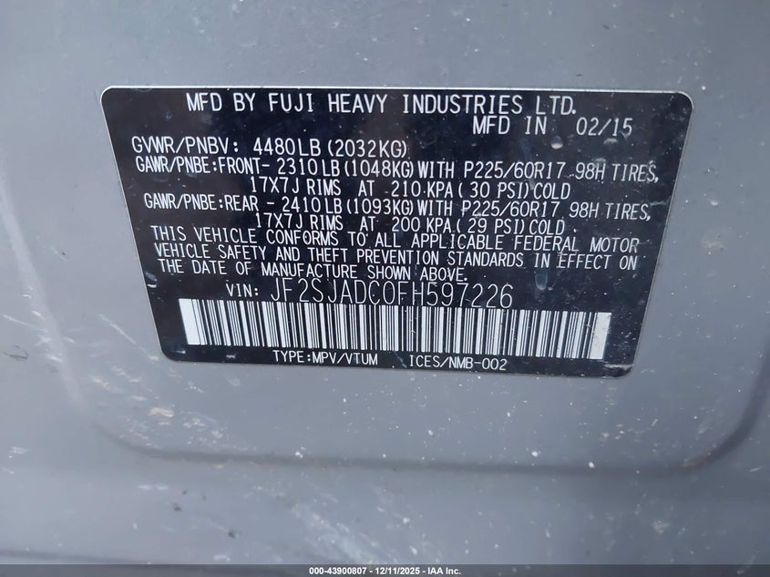 2015 Subaru Forester VIN JF2SJADC0FH597226 IAAI salvage auction — REAR END, Other, sold $450 on 2026-07-30 (photo 9)