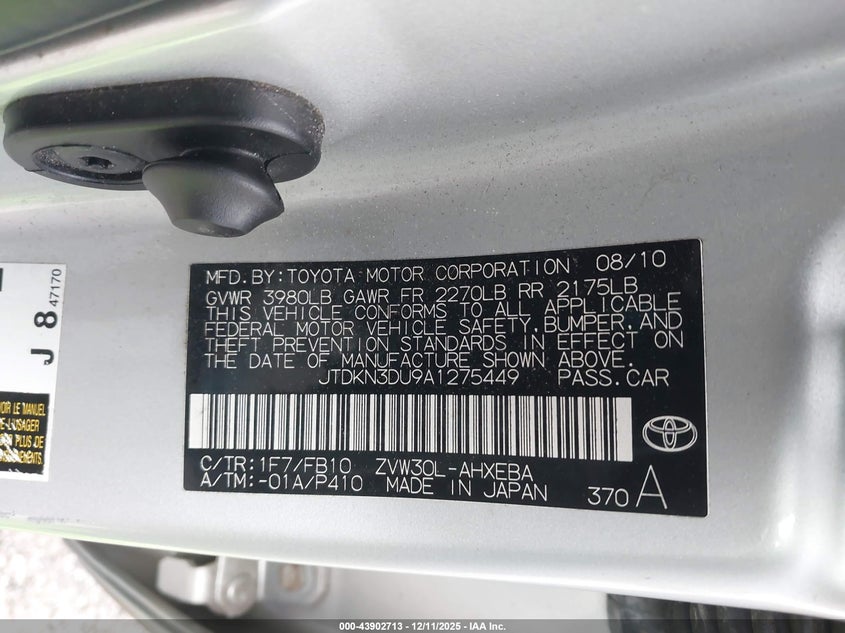 2010 Toyota Prius VIN JTDKN3DU9A1275449 IAAI salvage auction — FRONT END, Salvage (Pennsylvania), sold $350 on 2026-07-17 (photo 9)
