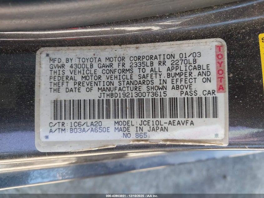 2003 Lexus Is VIN JTHBD192130073615 IAAI salvage auction — SIDE, Salvage (California), sold $600 on 2026-07-09 (photo 9)