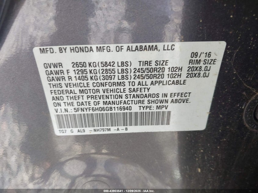 2016 Honda Pilot VIN 5FNYF6H06GB116940 IAAI salvage auction — FRONT END, Other, sold $5,000 on 2026-07-20 (photo 9)