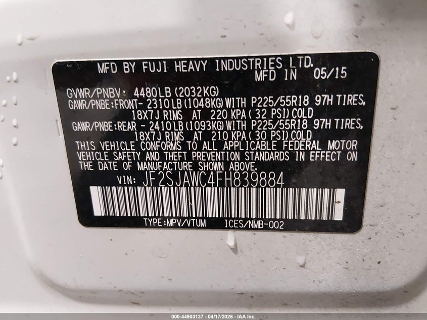 2015 Subaru Forester VIN JF2SJAWC4FH839884 IAAI salvage auction — FRONT END, Wait Title, sold $500 on 2026-07-31 (photo 9)