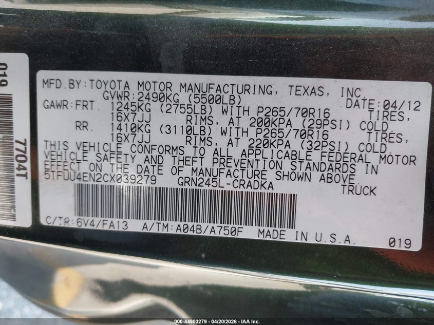 2012 Toyota Tacoma VIN 5TFUU4EN2CX039279 IAAI salvage auction — FRONT END, Bill Of Sale (Kentucky), sold $1,900 on 2026-07-28 (photo 9)