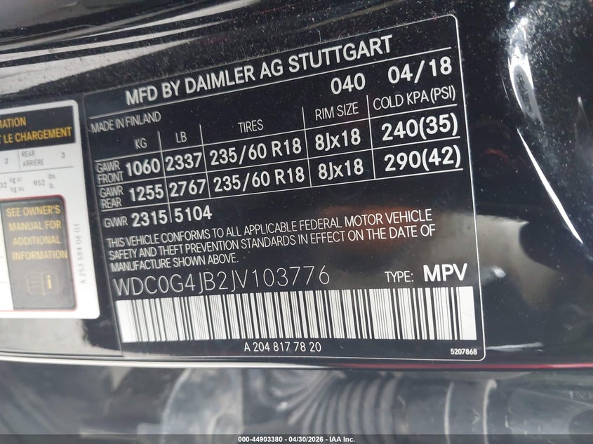2018 Mercedes-benz Glc VIN WDC0G4JB2JV103776 IAAI salvage auction — REAR END, Original (Texas), sold $7,200 on 2026-07-09 (photo 9)