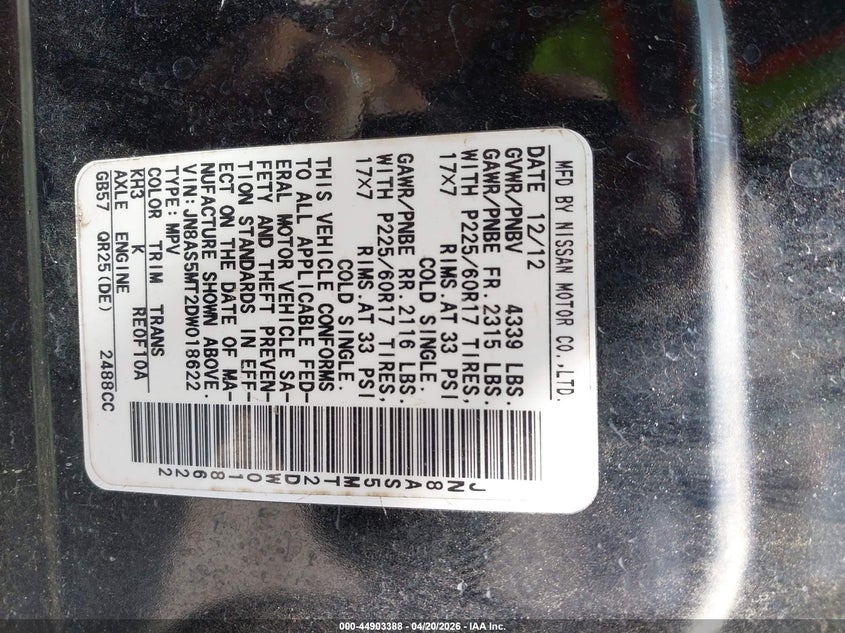 2013 Nissan Rogue VIN JN8AS5MT2DW018622 IAAI salvage auction — FRONT END, Salvage (Texas), sold $650 on 2026-07-14 (photo 9)