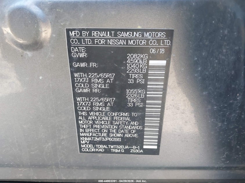 2018 Nissan Rogue VIN KNMAT2MT3JP601911 IAAI salvage auction — FRONT END, Salvage Title, sold $800 on 2026-07-23 (photo 9)