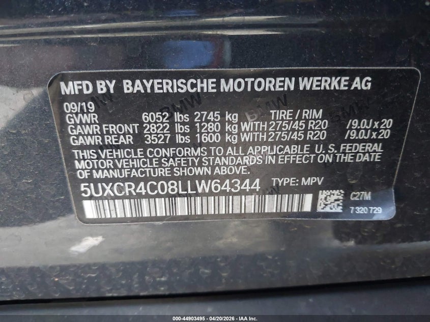 2020 BMW X5 VIN 5UXCR4C08LLW64344 IAAI salvage auction — LEFT REAR, Salvage (California), sold $18,650 on 2026-07-08 (photo 9)
