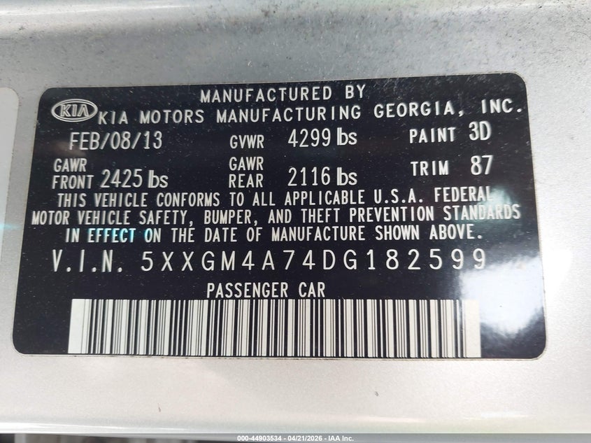 2013 Kia Optima VIN 5XXGM4A74DG182599 IAAI salvage auction — FRONT END, Salvage (Kentucky), sold $275 on 2026-07-29 (photo 9)