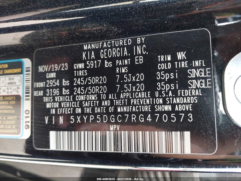 2024 Kia Telluride VIN 5XYP5DGC7RG470573 IAAI salvage auction — LEFT & RIGHT, Salvage (California), sold $9,000 on 2026-07-21 (photo 9)