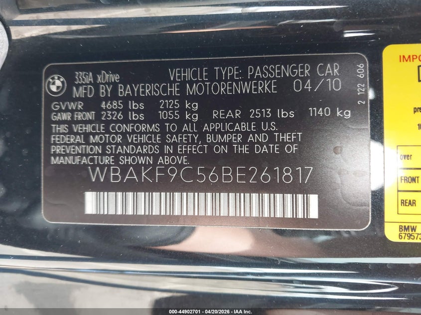 2011 BMW 3er VIN WBAKF9C56BE261817 IAAI salvage auction — BIOHAZARD/CHEMICAL, Salvage (Oregon), sold $3,800 on 2026-07-16 (photo 9)