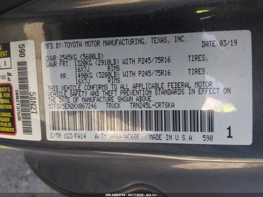 2019 Toyota Tacoma VIN 5TFSX5EN2KX067246 IAAI salvage auction — FRONT END, Salvage (New Hampshire), sold $7,100 on 2026-07-29 (photo 9)