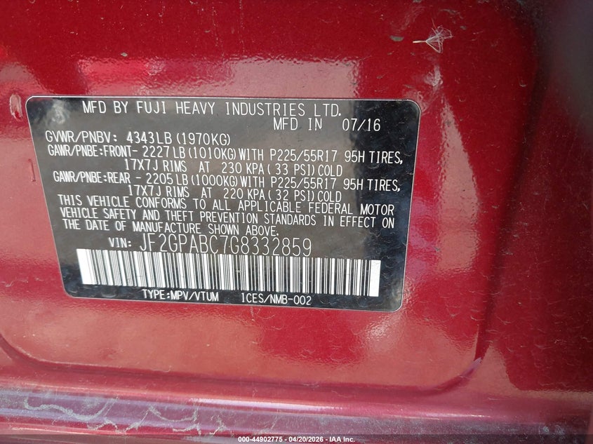 2016 Subaru Xv VIN JF2GPABC7G8332859 IAAI salvage auction — FRONT END, Salvage Certificate (California), sold $1,775 on 2026-07-24 (photo 9)