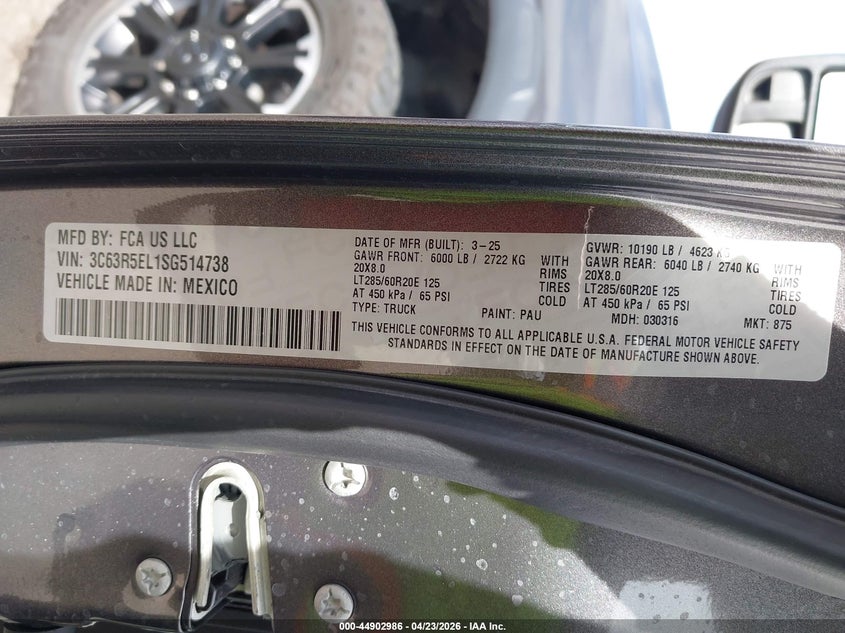 2025 Ram 2500 VIN 3C63R5EL1SG514738 IAAI salvage auction — UNKNOWN, Salvage Title, sold $28,750 on 2026-07-21 (photo 8)