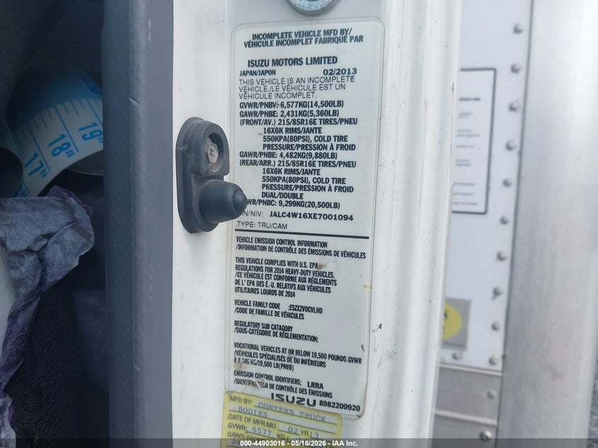 2014 Isuzu VIN JALC4W16XE7001094 IAAI salvage auction — SIDE, Clear (Florida), sold $1,050 on 2026-07-28 (photo 8)