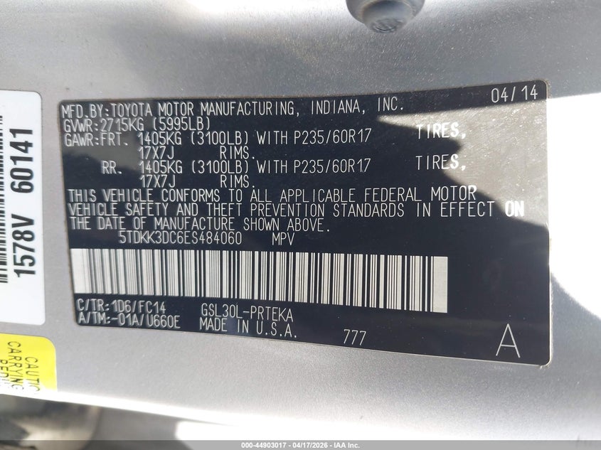 2014 Toyota Sienna VIN 5TDKK3DC6ES484060 IAAI salvage auction — FRONT END, Wait Title, sold $1,700 on 2026-07-20 (photo 9)