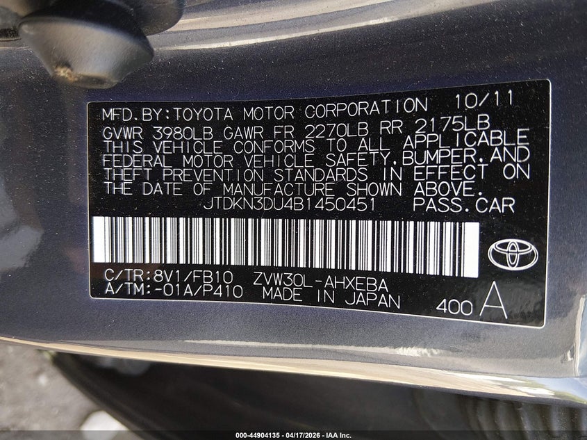 2011 Toyota Prius VIN JTDKN3DU4B1450451 IAAI salvage auction — NORMAL WEAR, Clear (Tennessee), sold $700 on 2026-07-08 (photo 9)
