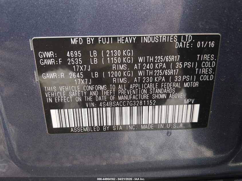 2016 Subaru Outback VIN 4S4BSACC7G3281152 IAAI salvage auction — FRONT END, Salvage Title, sold $2,900 on 2026-07-29 (photo 9)